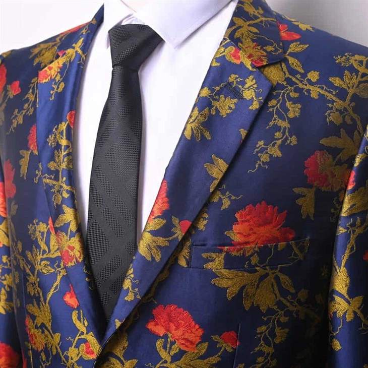 Premium Men's Floral Jacquard Blazer in Navy With Red/Gold Embroidery-F091 high quality